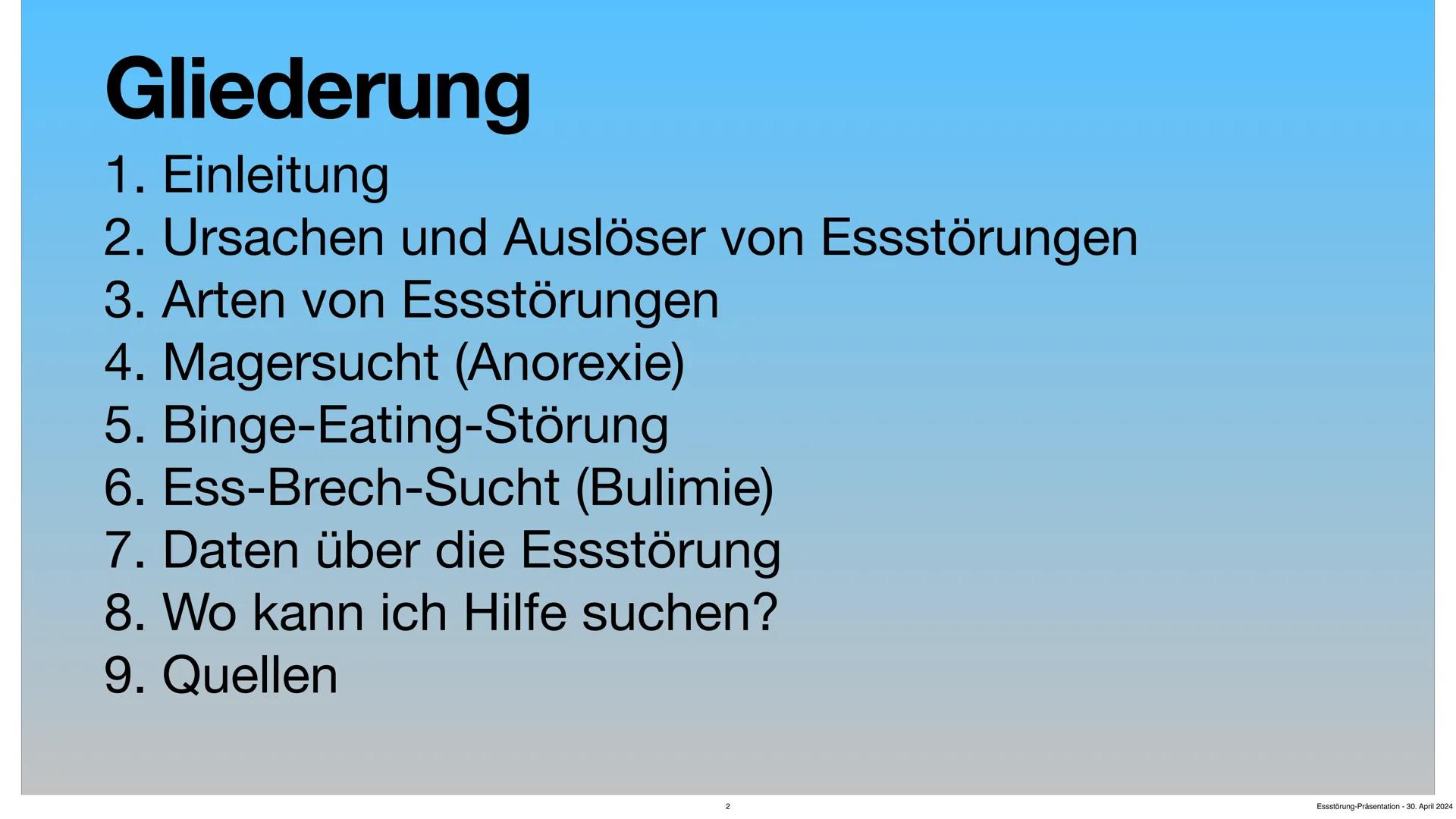 # Essstörungen
03.11.2023
Von Max Conner Dietrich
Essstörung-Präsentation - 30. April 2024 # Gliederung
1. Einleitung
2. Ursachen und Au
