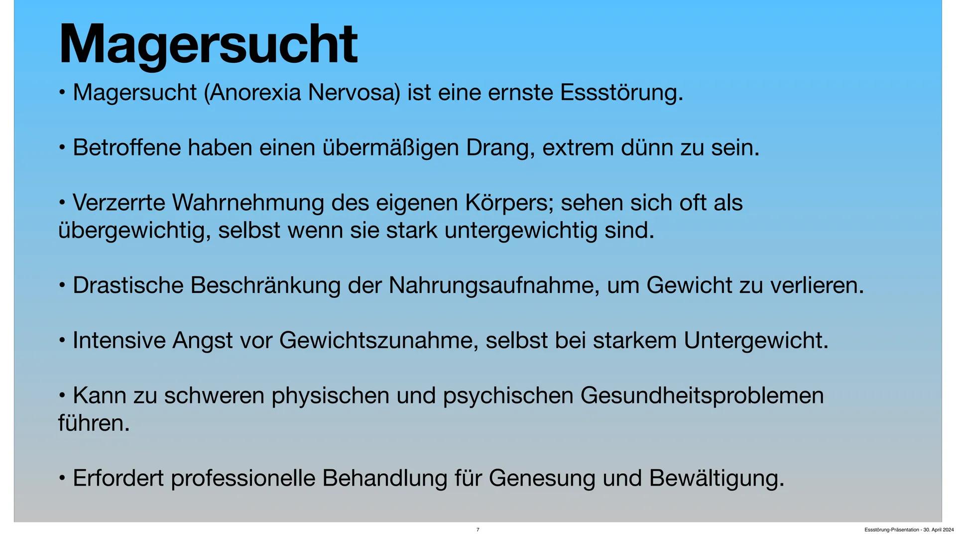 # Essstörungen
03.11.2023
Von Max Conner Dietrich
Essstörung-Präsentation - 30. April 2024 # Gliederung
1. Einleitung
2. Ursachen und Au