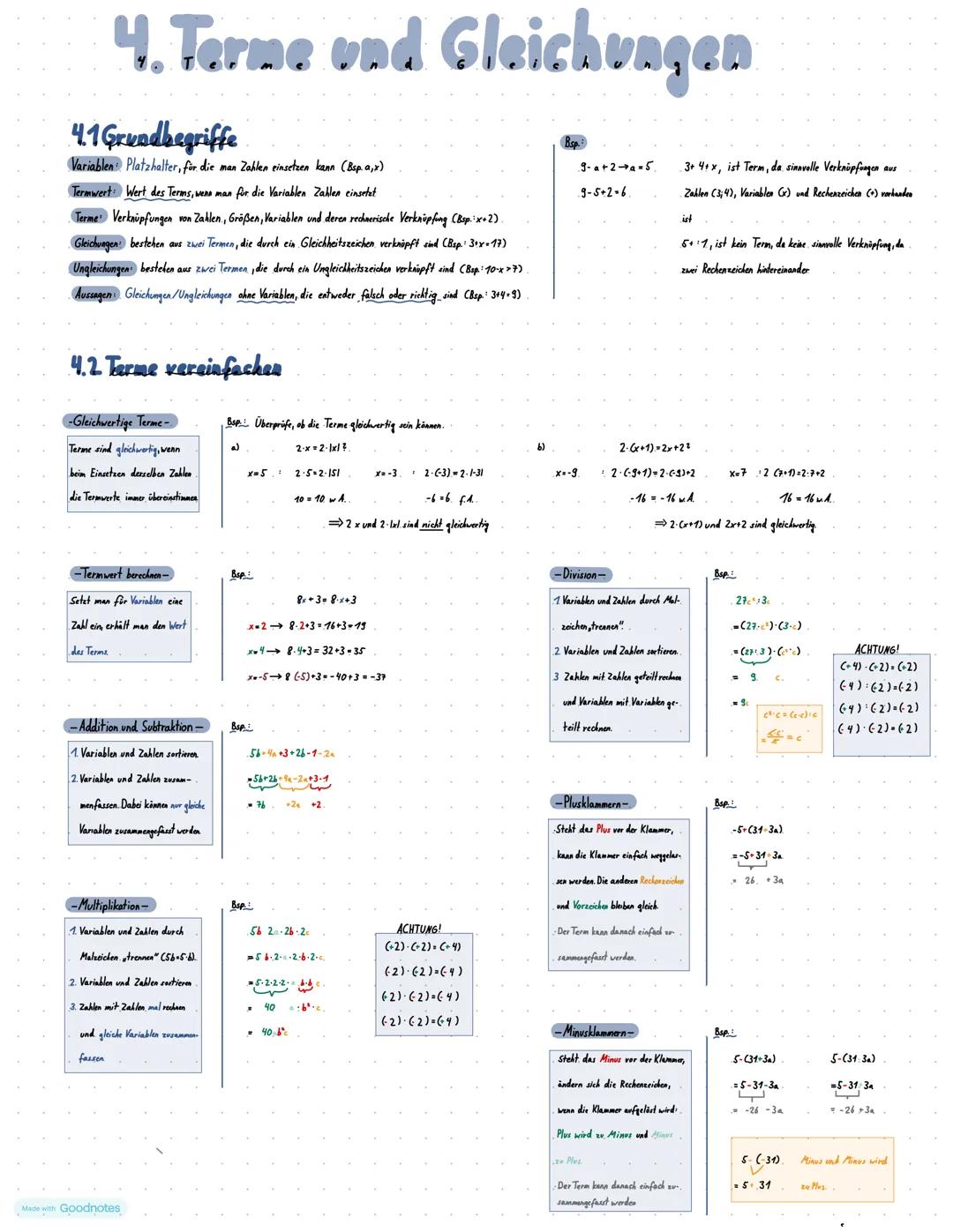 4. Terme und Gleichungen
4.1 Grundbegriffe
Variablen Platzhalter, för die man Zahlen einsetzen kann (Bsp. a,x)
Termwert: Wert des Terms, wen
