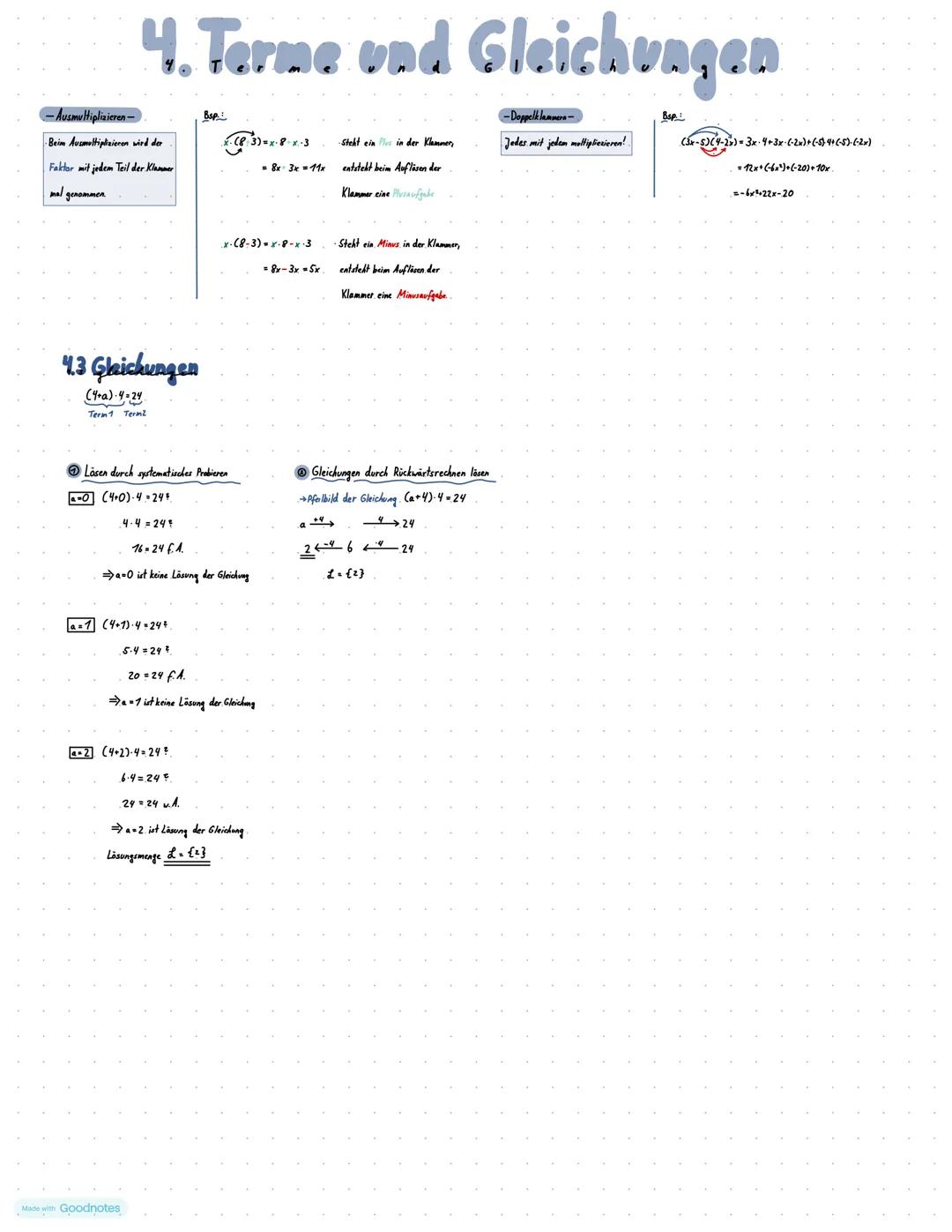 4. Terme und Gleichungen
4.1 Grundbegriffe
Variablen Platzhalter, för die man Zahlen einsetzen kann (Bsp. a,x)
Termwert: Wert des Terms, wen
