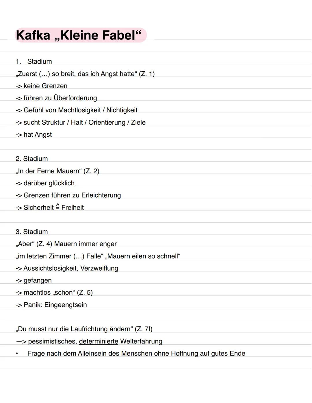 Kafka,,Kleine Fabel"
1. Stadium
„Zuerst (...) so breit, das ich Angst hatte“ (Z. 1)
-> keine Grenzen
-> führen zu Überforderung
-> Gefühl vo