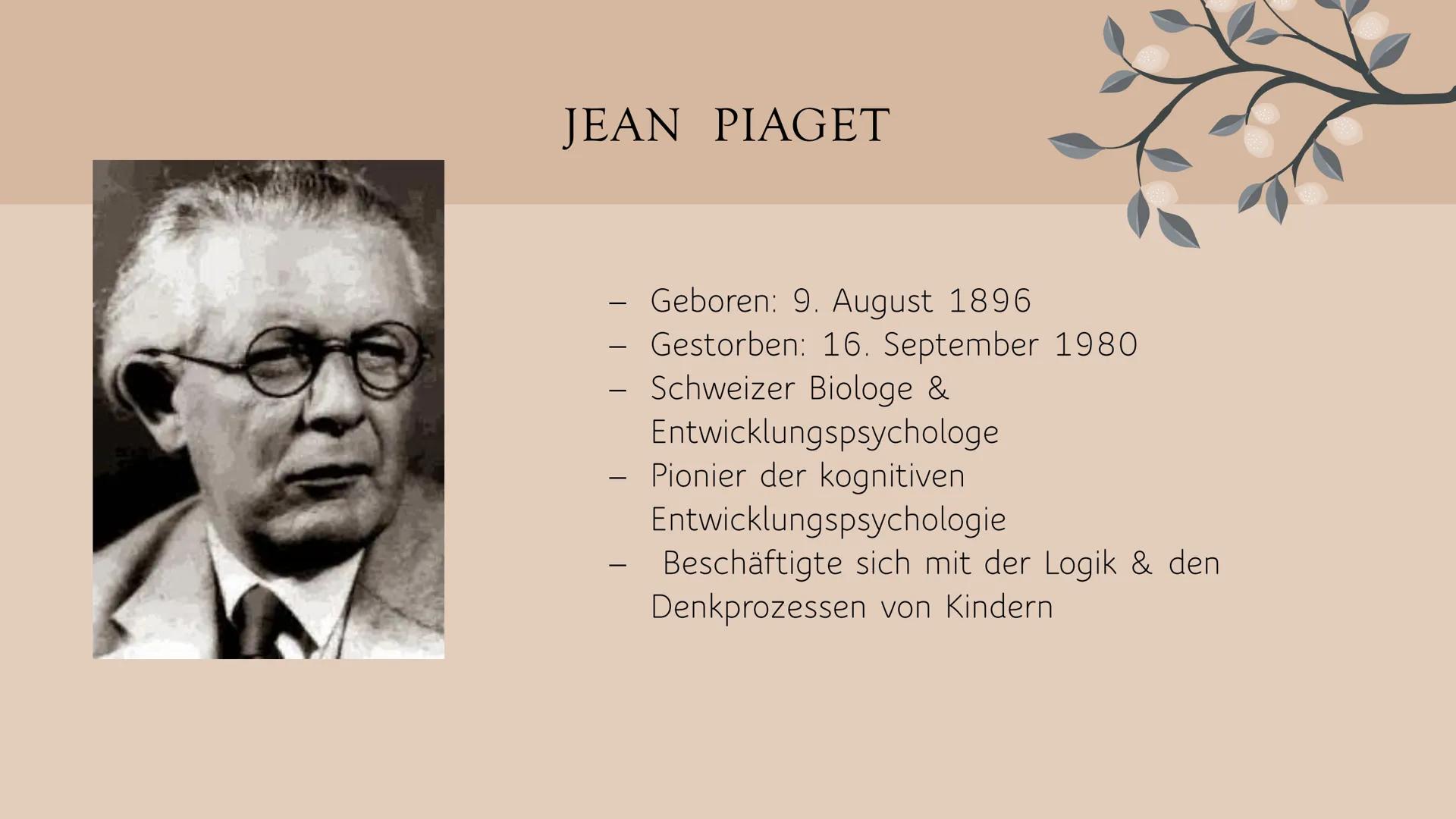 # KOGNITIVE
# ENTWICKLUNG
NACH JEAN PIAGET
Eine Präsentation von Angelina Cozza JEAN PIAGET
- Geboren: 9. August 1896
- Gestorben: 16. S