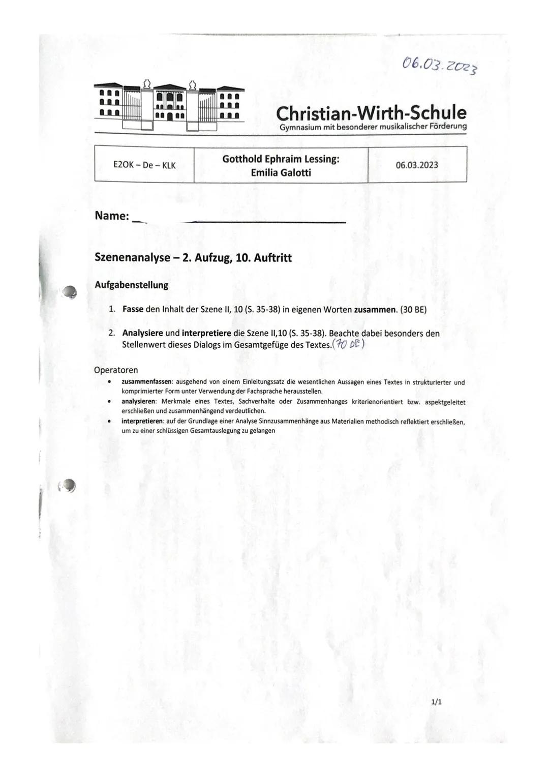 Lektüre: Emilia Galotti – Szenenanalyse – 2. Aufzug, 10. Auftritt