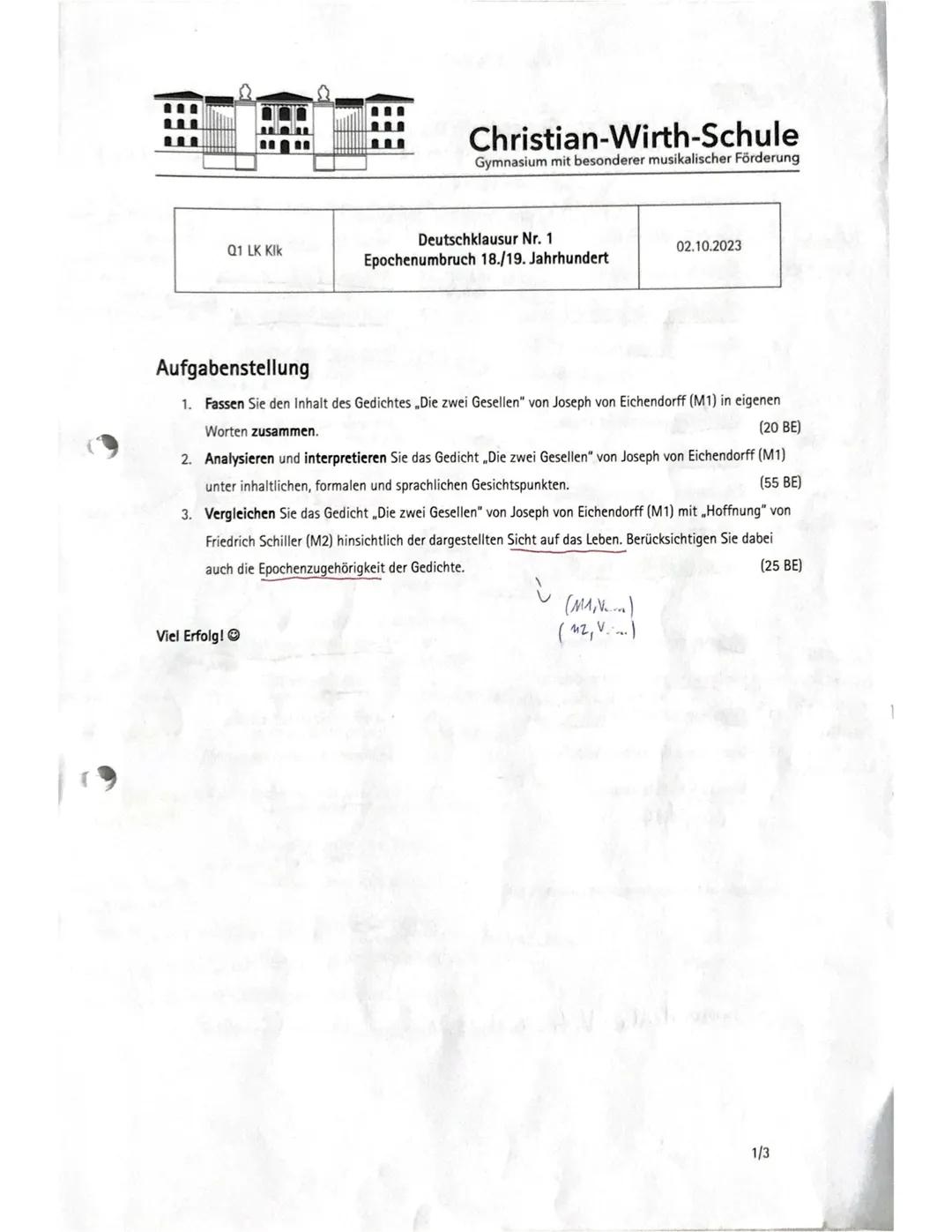 Christian-Wirth-Schule
Gymnasium mit besonderer musikalischer Förderung
Q1 LK KIK
Deutschklausur Nr. 1
Epochenumbruch 18./19. Jahrhundert
02