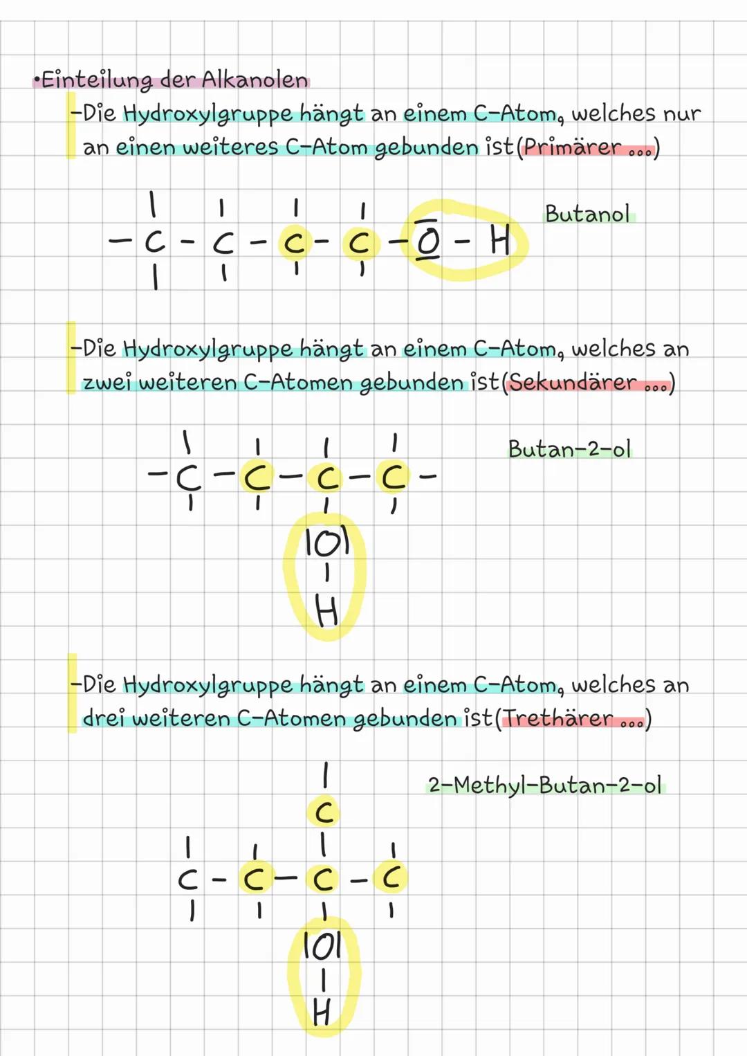 Chemie
Homologereihe der Alkanole
-Methanol
CH₂OH
-Ethanol
C₂H₂OH
-Propanol
CH,OH
-Butanol
CH,OH
-Pentanol
CHOH
-Hexanol
CHOH
-Heptanol CHOH