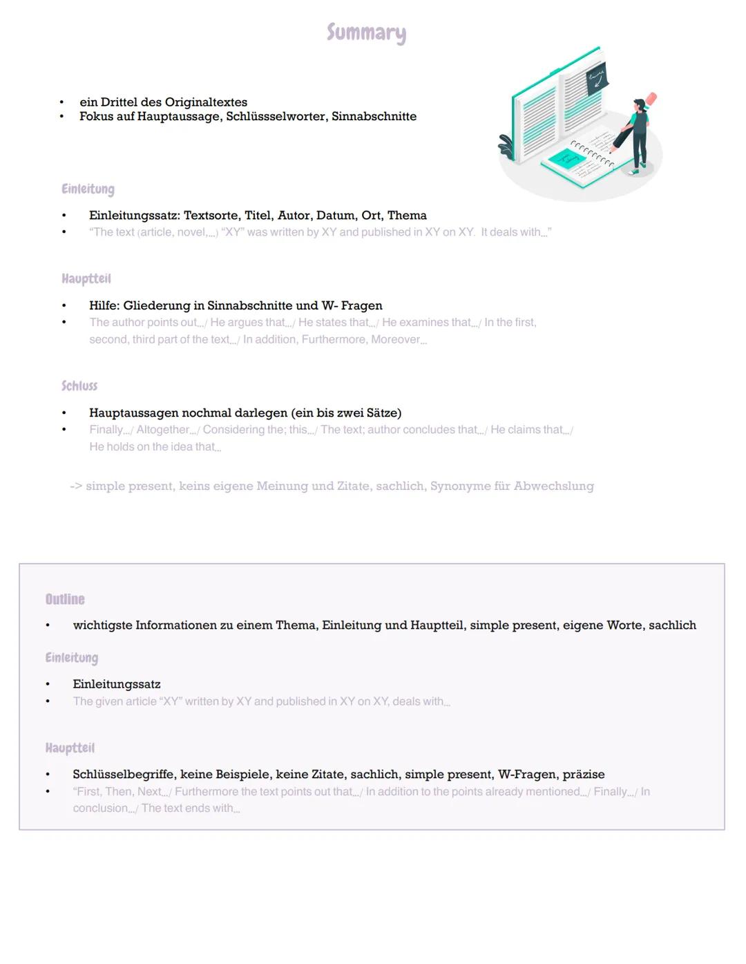 # Aufbau
Aufgabenstellungen + Operatoren
Klausurteil A:
* comprehension -> describe, outline, sum up
* analysis -> analyze (+ focus)