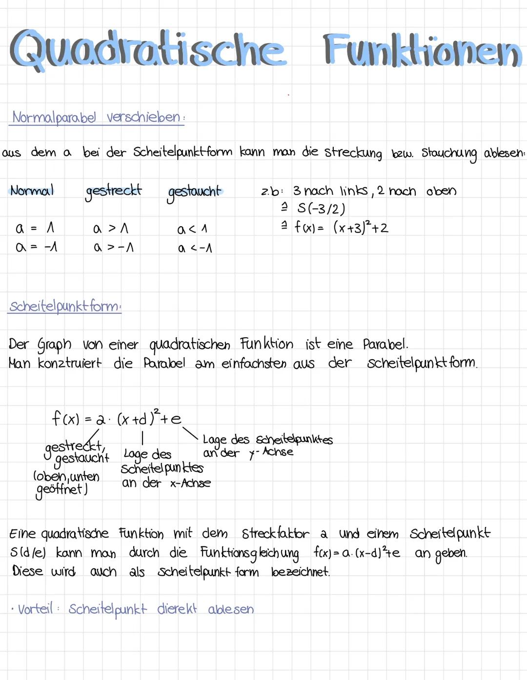 # Quadratische Funktionen
Normalparabel verschieben:
aus dem a bei der Scheitelpunktform kann man die streckung bzw. Stauchung ablesen:
N