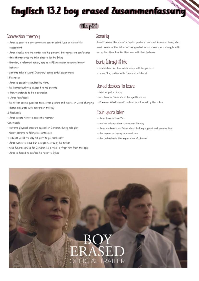 Englisch 13.2 boy erased
Zusammenfassung
Tara Franke
Abi 2024 Lernzettel
Boy erased...
Mind Map...
Page 71.ex 3
Page 72 ex 4.
Page 77 ex 2
D