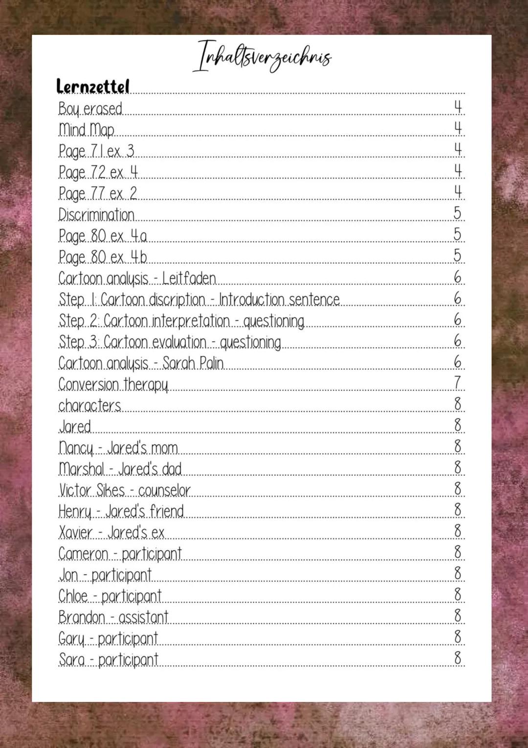 Englisch 13.2 boy erased
Zusammenfassung
Tara Franke
Abi 2024 Lernzettel
Boy erased...
Mind Map...
Page 71.ex 3
Page 72 ex 4.
Page 77 ex 2
D