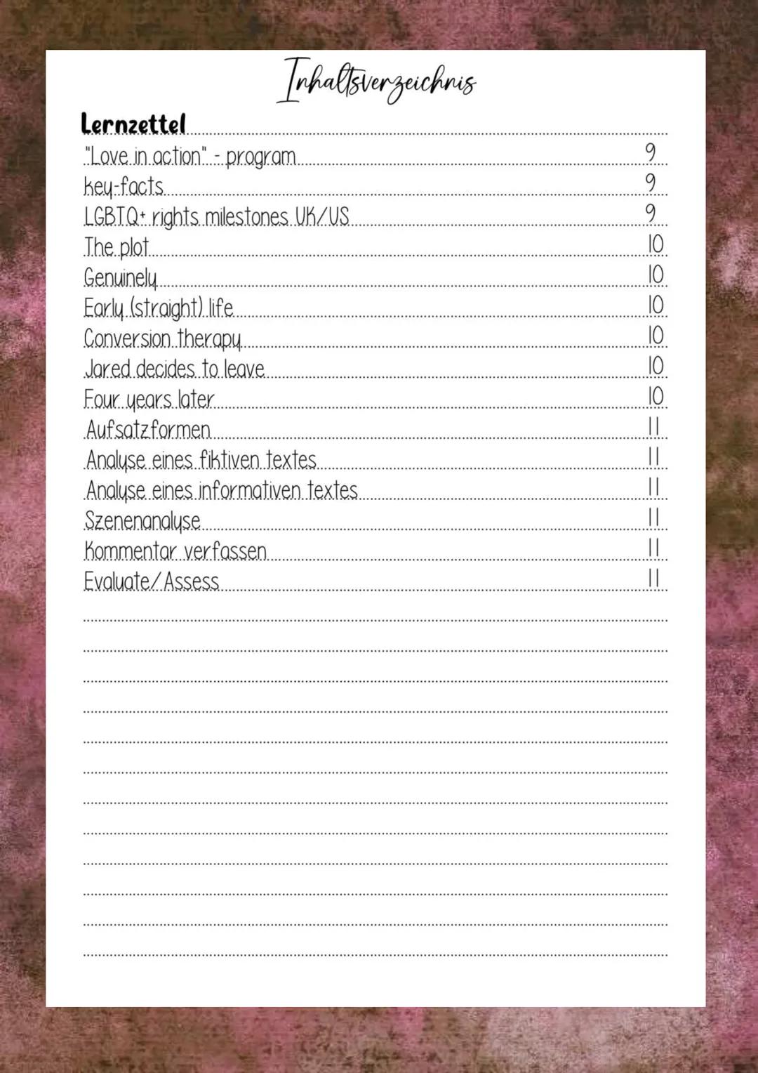 Englisch 13.2 boy erased
Zusammenfassung
Tara Franke
Abi 2024 Lernzettel
Boy erased...
Mind Map...
Page 71.ex 3
Page 72 ex 4.
Page 77 ex 2
D