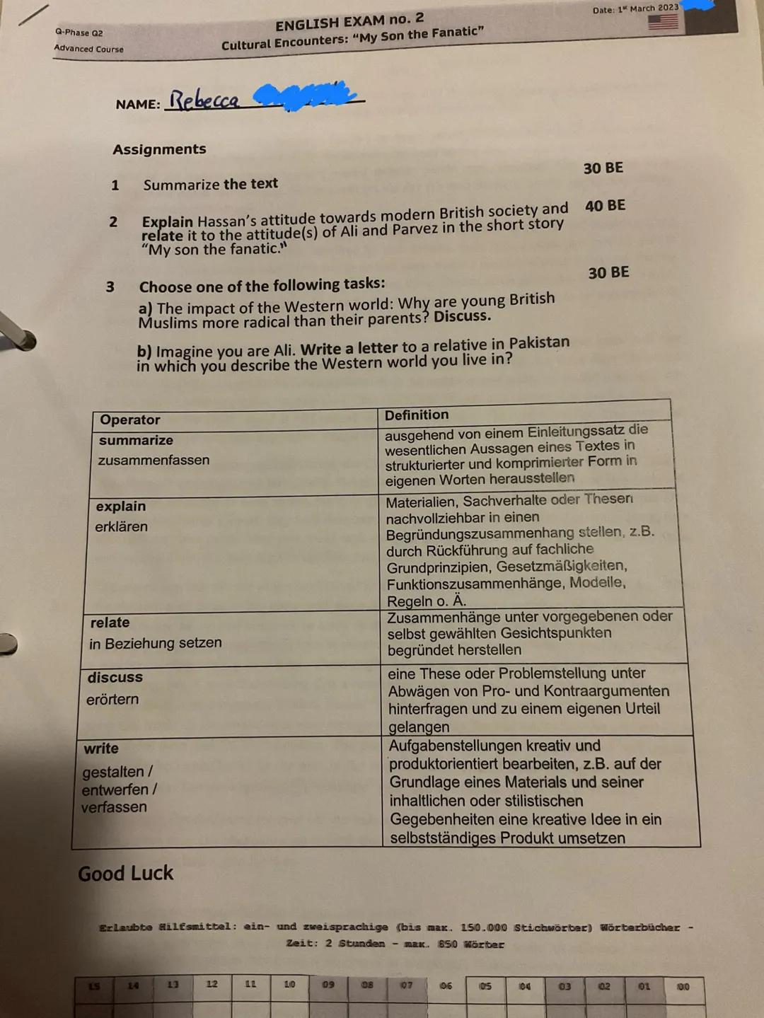 Q-Phase Q2
Advanced Course
ENGLISH EXAM no. 2
Cultural Encounters: "My Son the Fanatic"
Date: 1 March 2023
NAME: Rebecca
Assignments
1 Summa