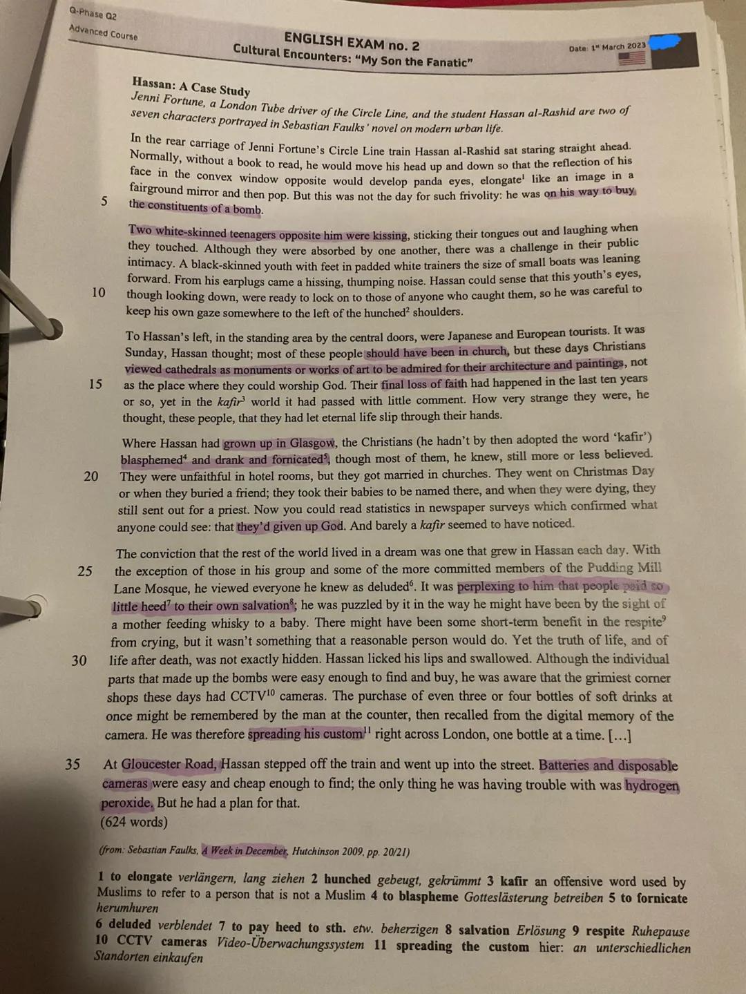 Q-Phase Q2
Advanced Course
ENGLISH EXAM no. 2
Cultural Encounters: "My Son the Fanatic"
Date: 1 March 2023
NAME: Rebecca
Assignments
1 Summa