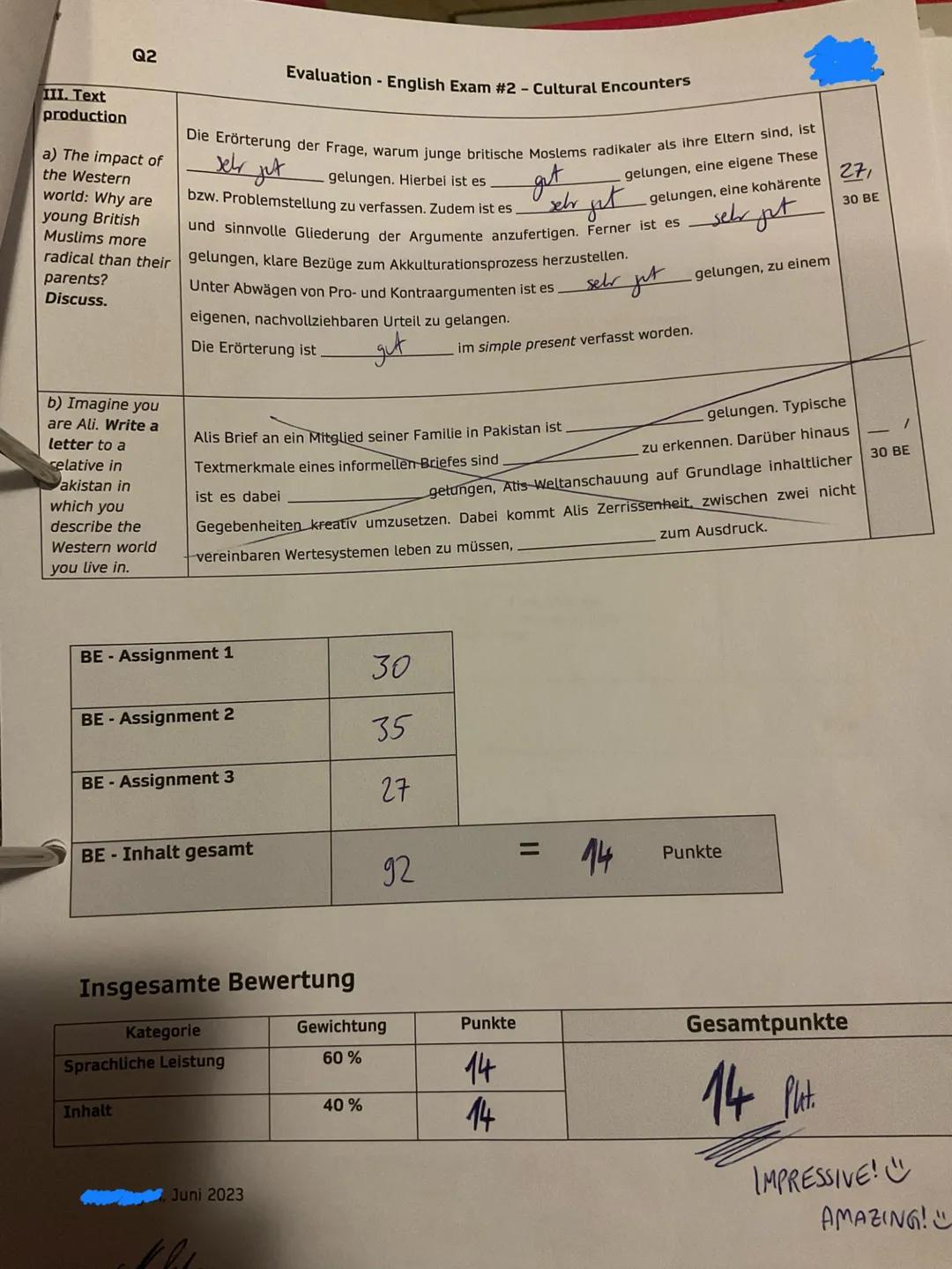 Q-Phase Q2
Advanced Course
ENGLISH EXAM no. 2
Cultural Encounters: "My Son the Fanatic"
Date: 1 March 2023
NAME: Rebecca
Assignments
1 Summa