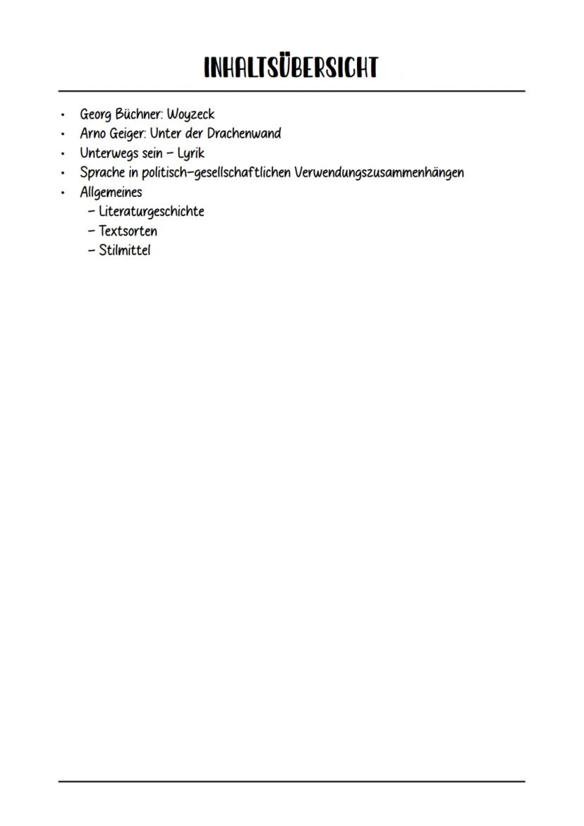 Deutsch
ABITUR 2024 •
•
•
•
INHALTSÜBERSICHT
.
Georg Büchner: Woyzeck
Arno Geiger: Unter der Drachenwand
Unterwegs sein - Lyrik
Sprache in p