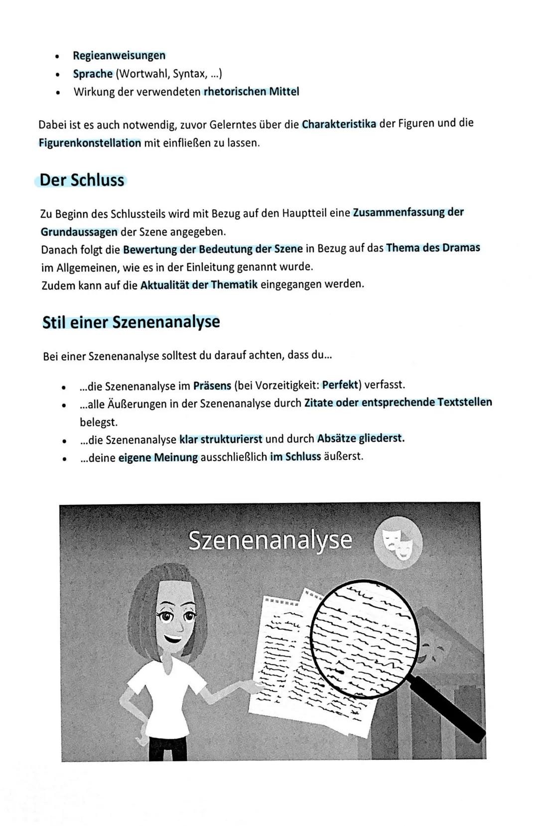 # Dramatische Texte untersuchen: Die Szenenanalyse
Mithilfe der Szenenanalyse untersucht man einen Akt, eine Szene oder einen Ausschnitt
ei