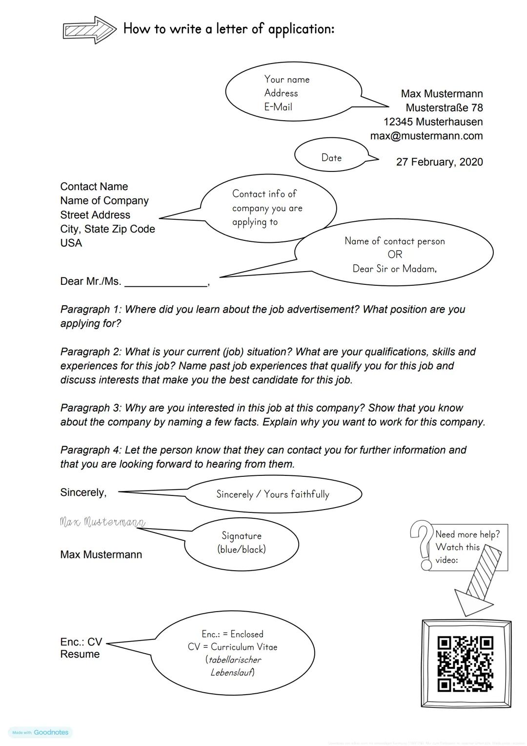 How to write a letter of application:
Your name
Address
E-Mail
Max Mustermann
Musterstraße 78
12345 Musterhausen
max@mustermann.com
Date