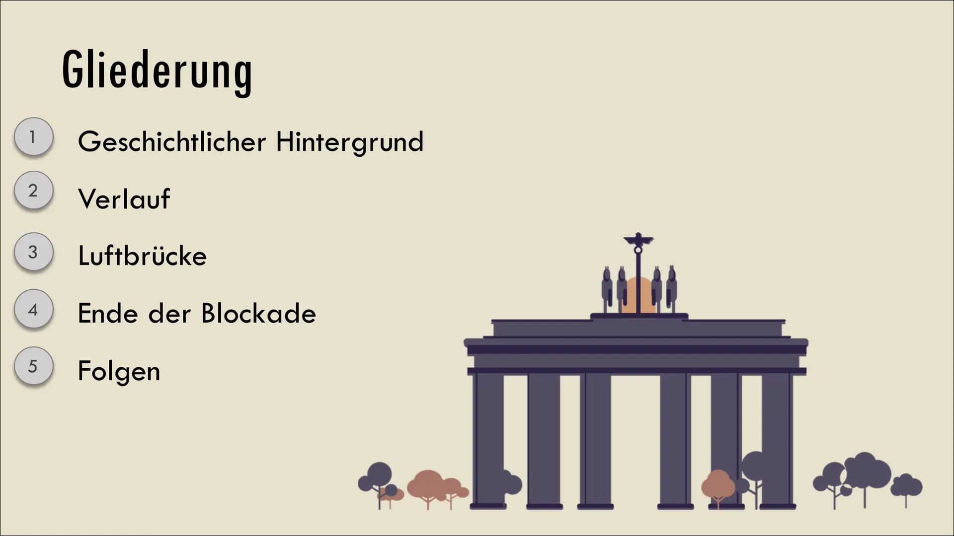 Legiendamm
Die Berlin Blockade
frei
Helena Shumakova & Hoai Anh Phạm 1
Gliederung
Geschichtlicher Hintergrund
2
Verlauf
3
Luftbrücke
4
Ende
