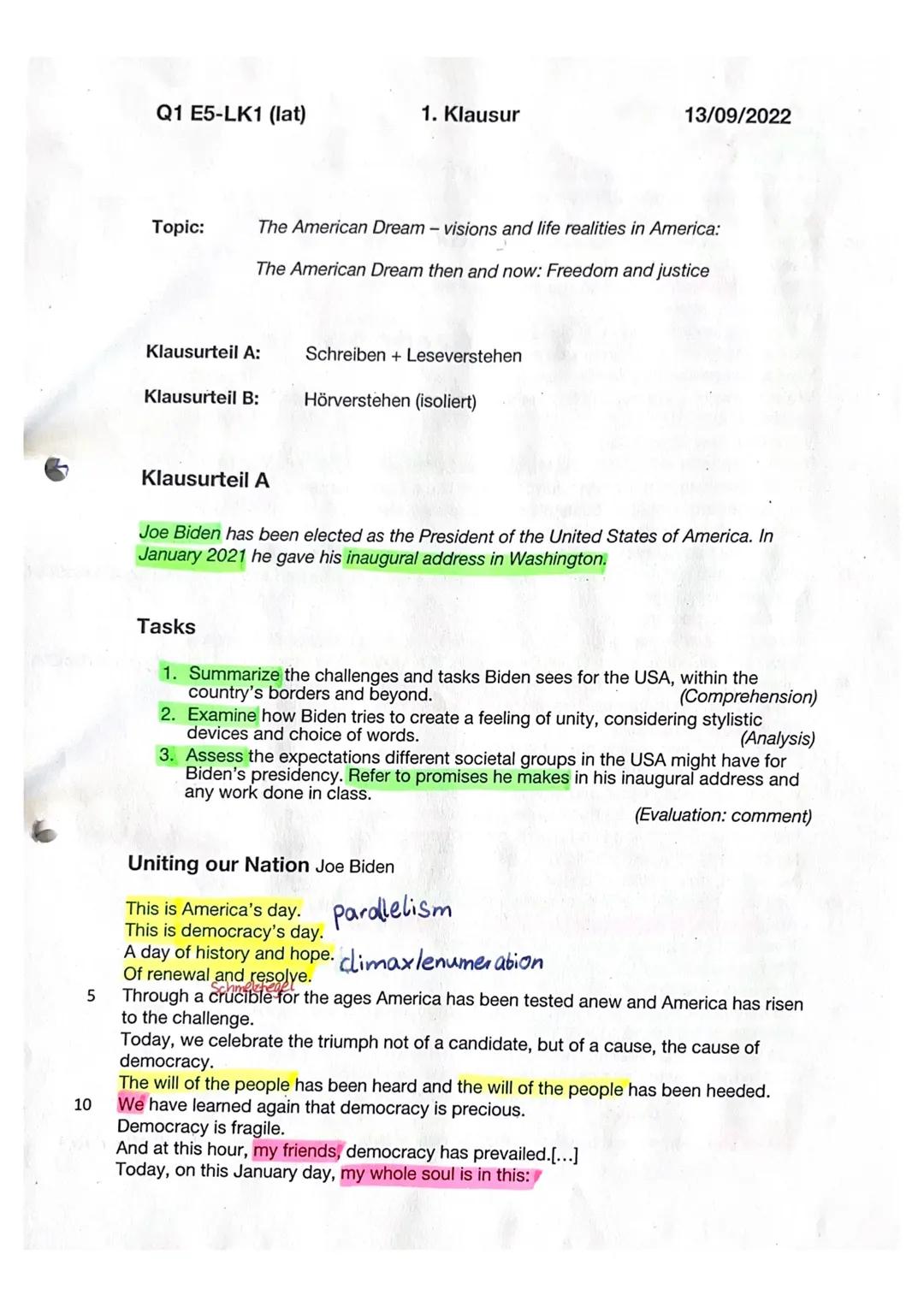 Klausur American Dream - visions and life realities in America
