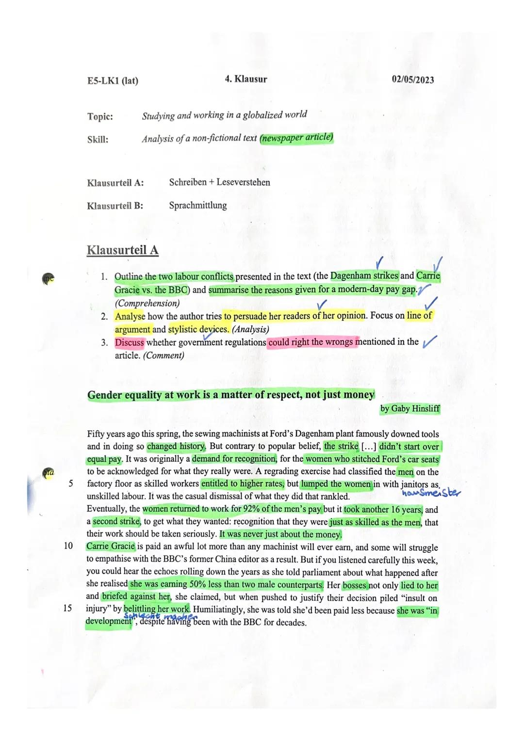 Klausur Studying and working in a globalized world