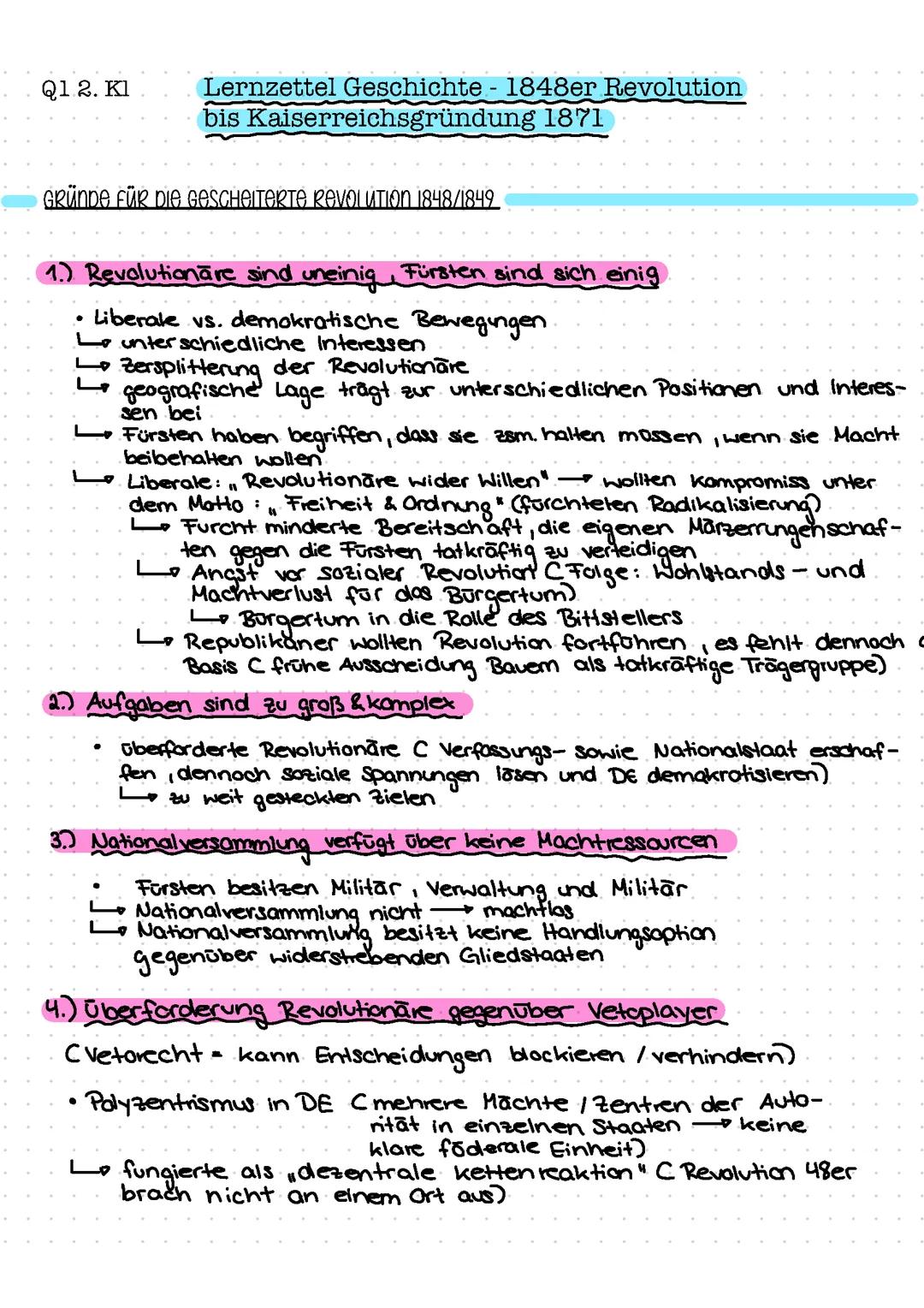 Geschichte Q1 - Lernzettel (1848er Revolution bis Kaiserreichsgründung 1871) Q1