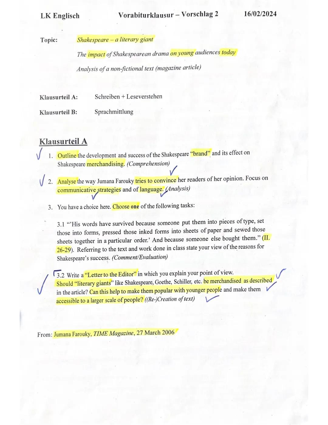 Vorabiturklausur: Klausur Shakespeare - a literary giant