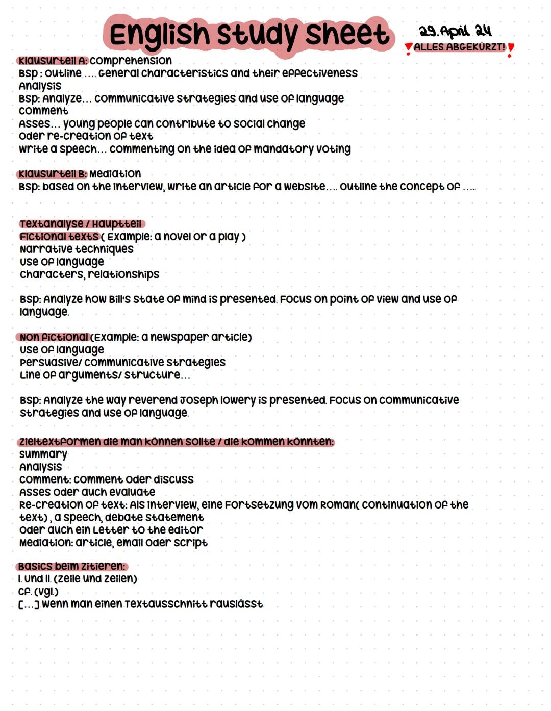 # English study sheet 29 April 24
Klausurteil A: comprehension
BSP: outline.... General characteristics and their effectiveness
Analysis