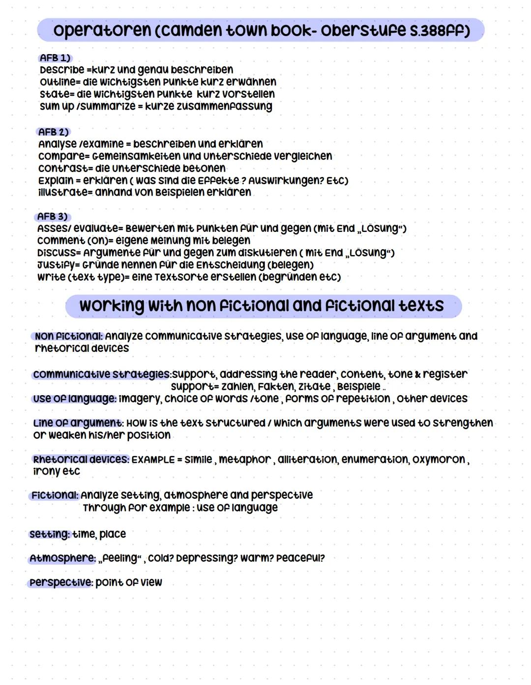 # English study sheet 29 April 24
Klausurteil A: comprehension
BSP: outline.... General characteristics and their effectiveness
Analysis