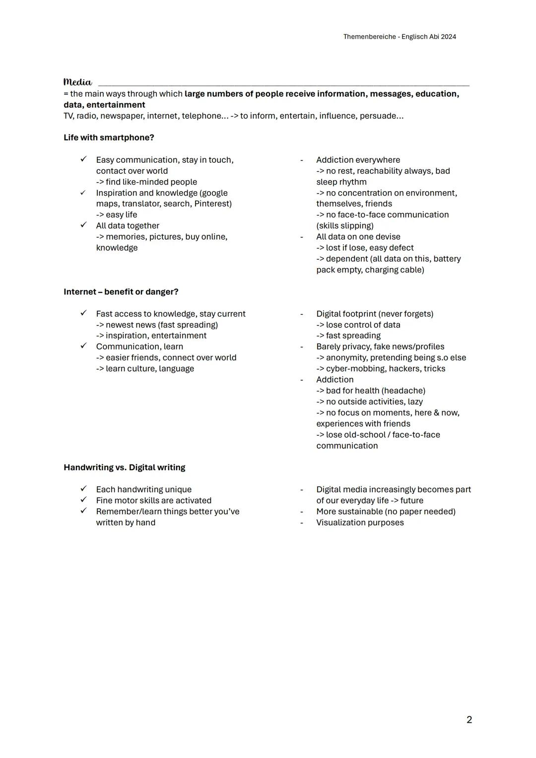 Themenbereiche - Englisch Abi 2024
Society
Should abortion be illegal?
✓
some take advantages of it
if disabled: less disabled people ->
mor