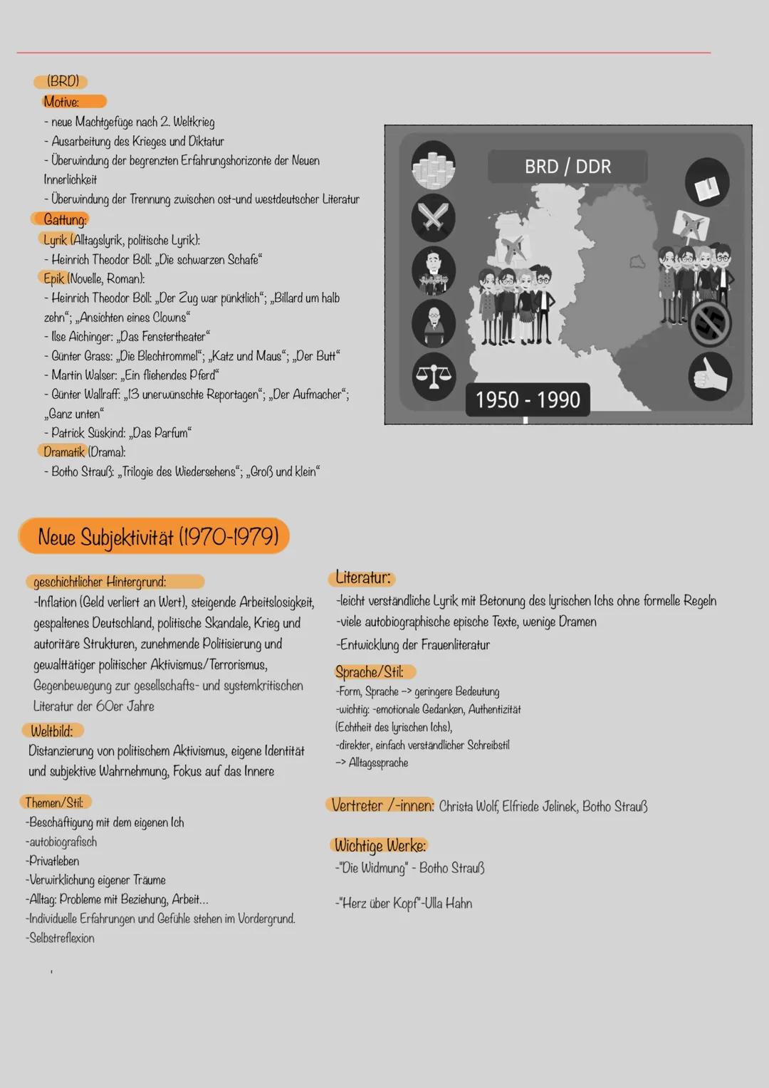 Literaturepochen
Ende des 20. Jahrhunderts
Epochenübersicht Ende
20 Jhd
Nachkriegsliteratur (ca. 1945-1967)
DDR (ca. 1950-1990)
Postmoderne
