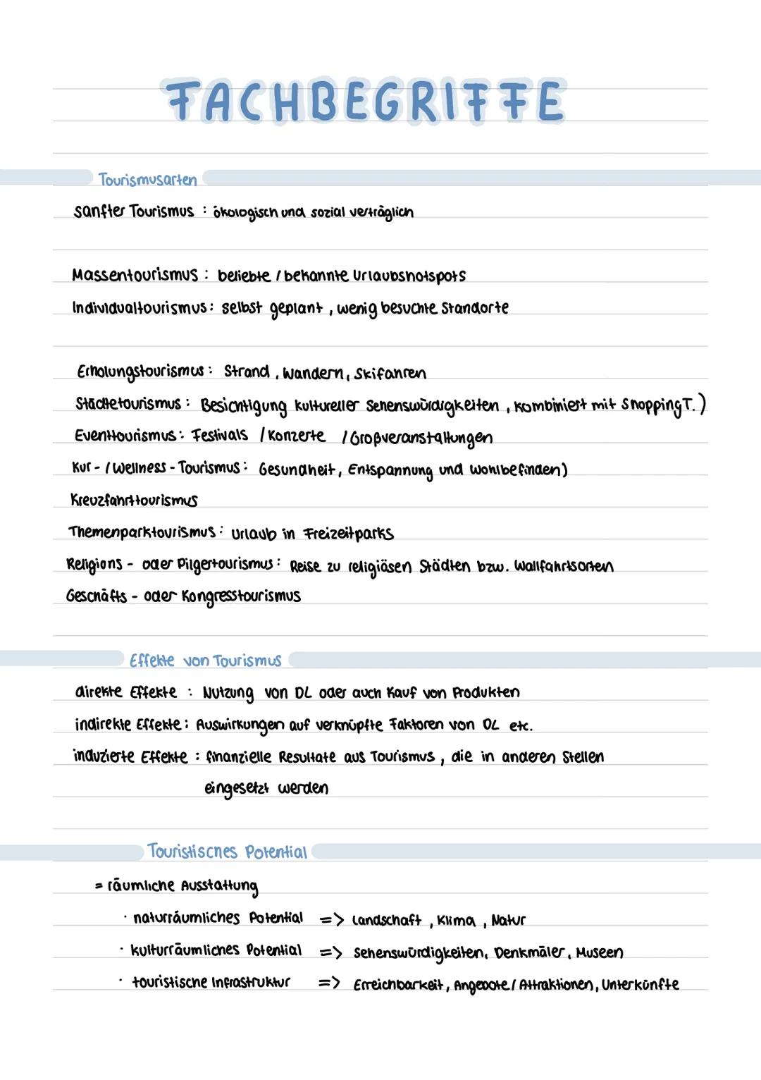 FACHBEGRIFFE
Tourismusarten
sanfter Tourismus ökologisch und sozial verträglich
Massentourismus: beliebte / bekannte Urlaubshotspots
Individ