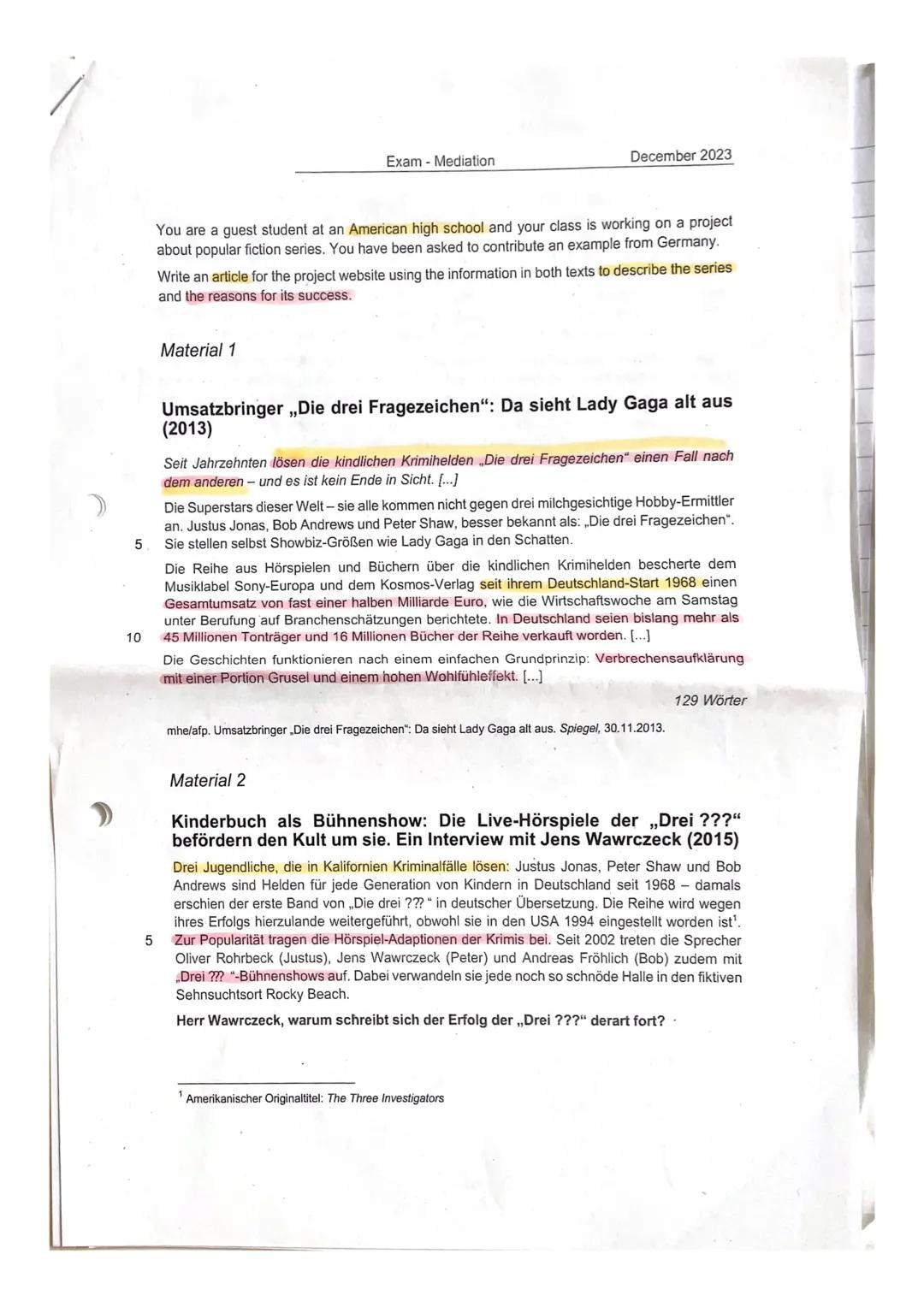 Oberstufe Klausur Englisch Mediation