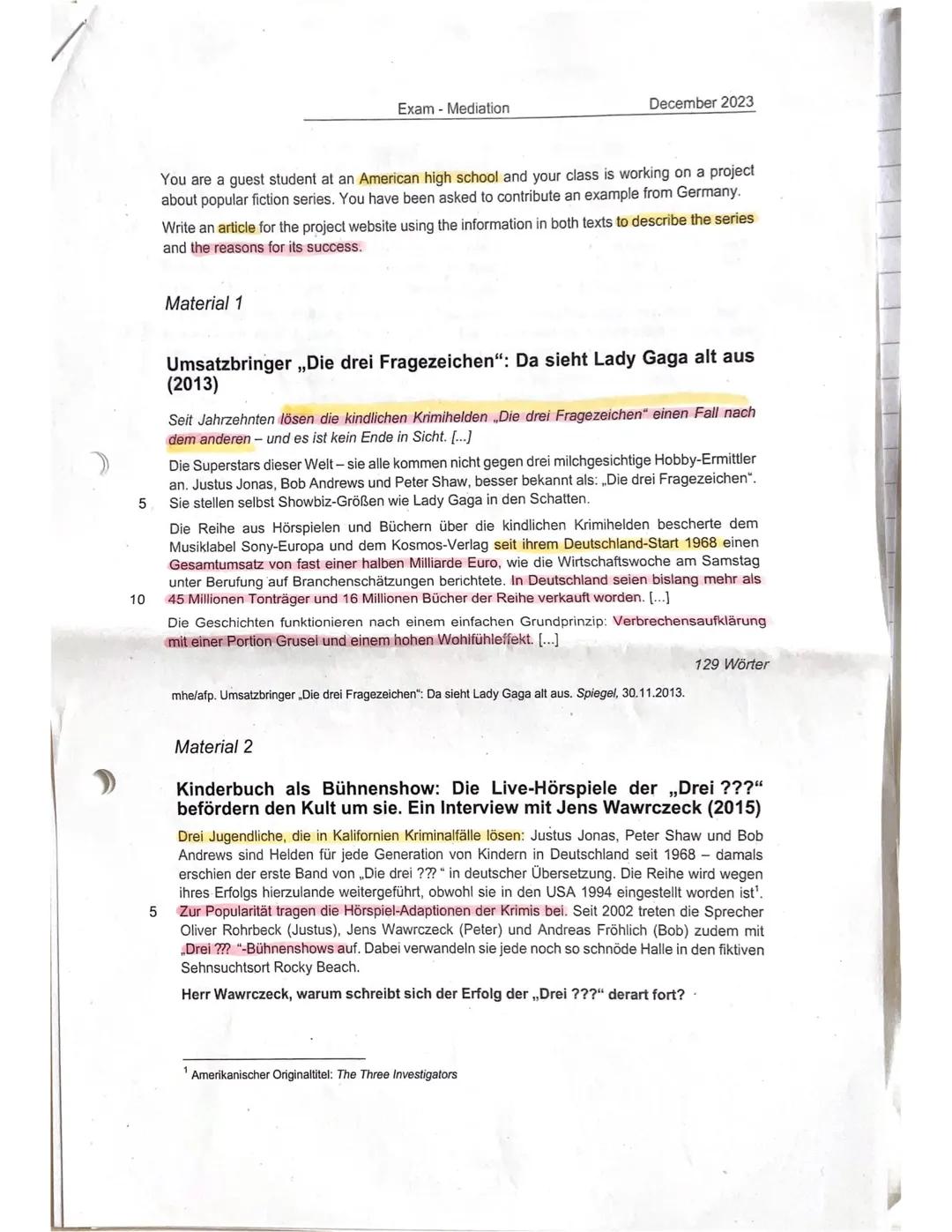 5
10
Exam Mediation
December 2023
You are a guest student at an American high school and your class is working on a project
about popular fi
