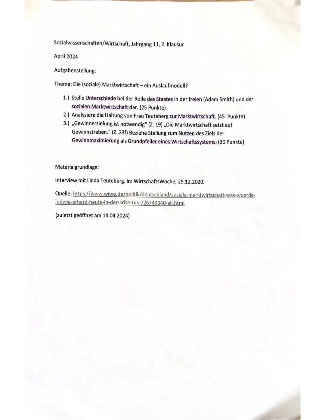 Sozialwissenschaften/Wirtschaft, Jahrgang 11, 2. Klausur
April 2024
Aufgabenstellung:
Thema: Die (soziale) Marktwirtschaft - ein Auslaufmode