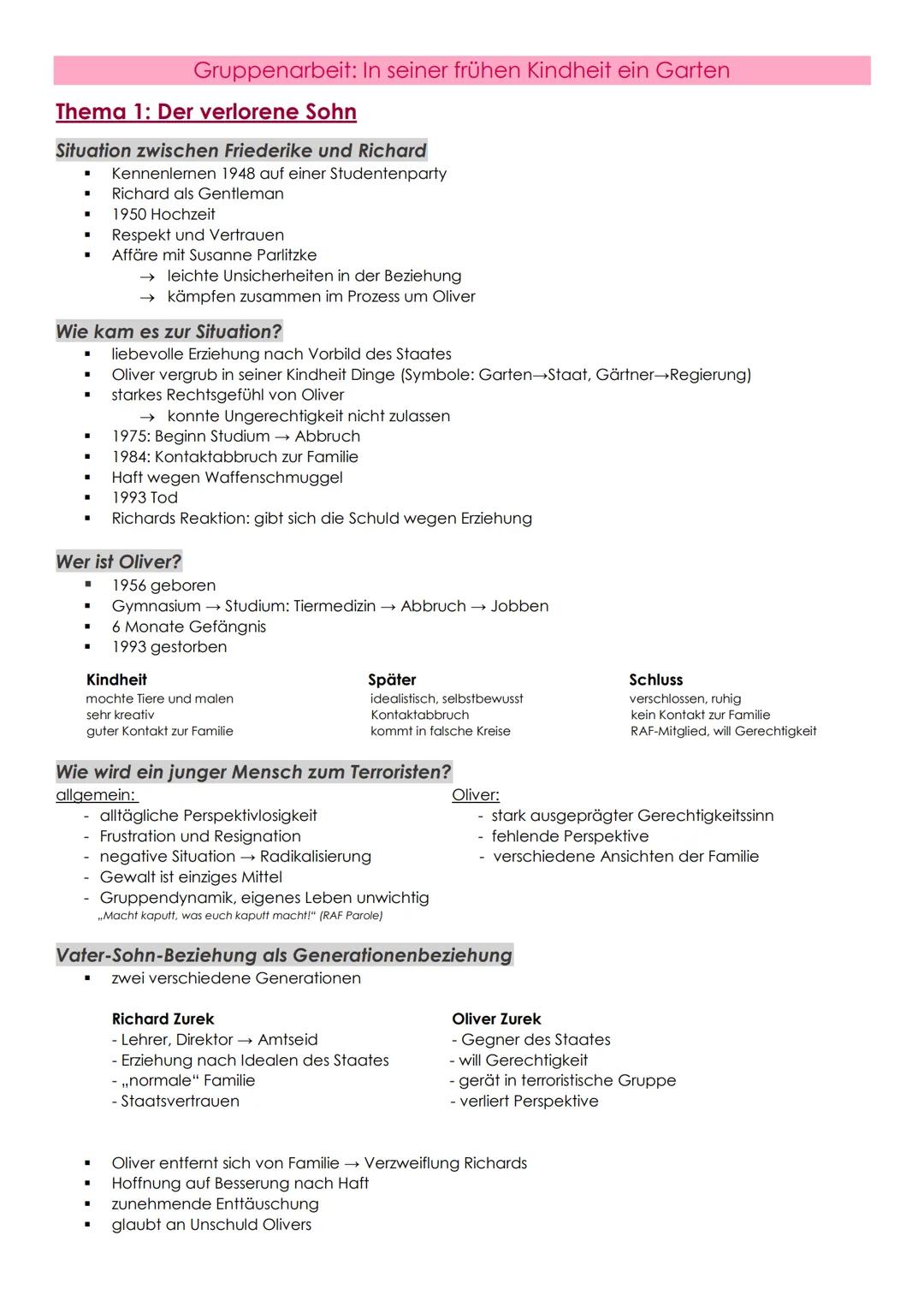 Gruppenarbeit: In seiner frühen Kindheit ein Garten
Thema 1: Der verlorene Sohn
Situation zwischen Friederike und Richard
* Kennenlernen