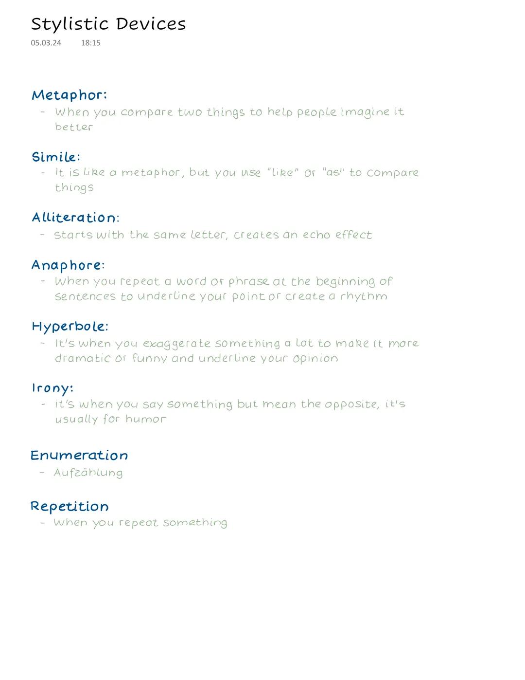 # Stylistic Devices
05.03.24 18:15
# Metaphor:
- When you compare two things to help people imagine it
better
# Simile:
- It is like a met