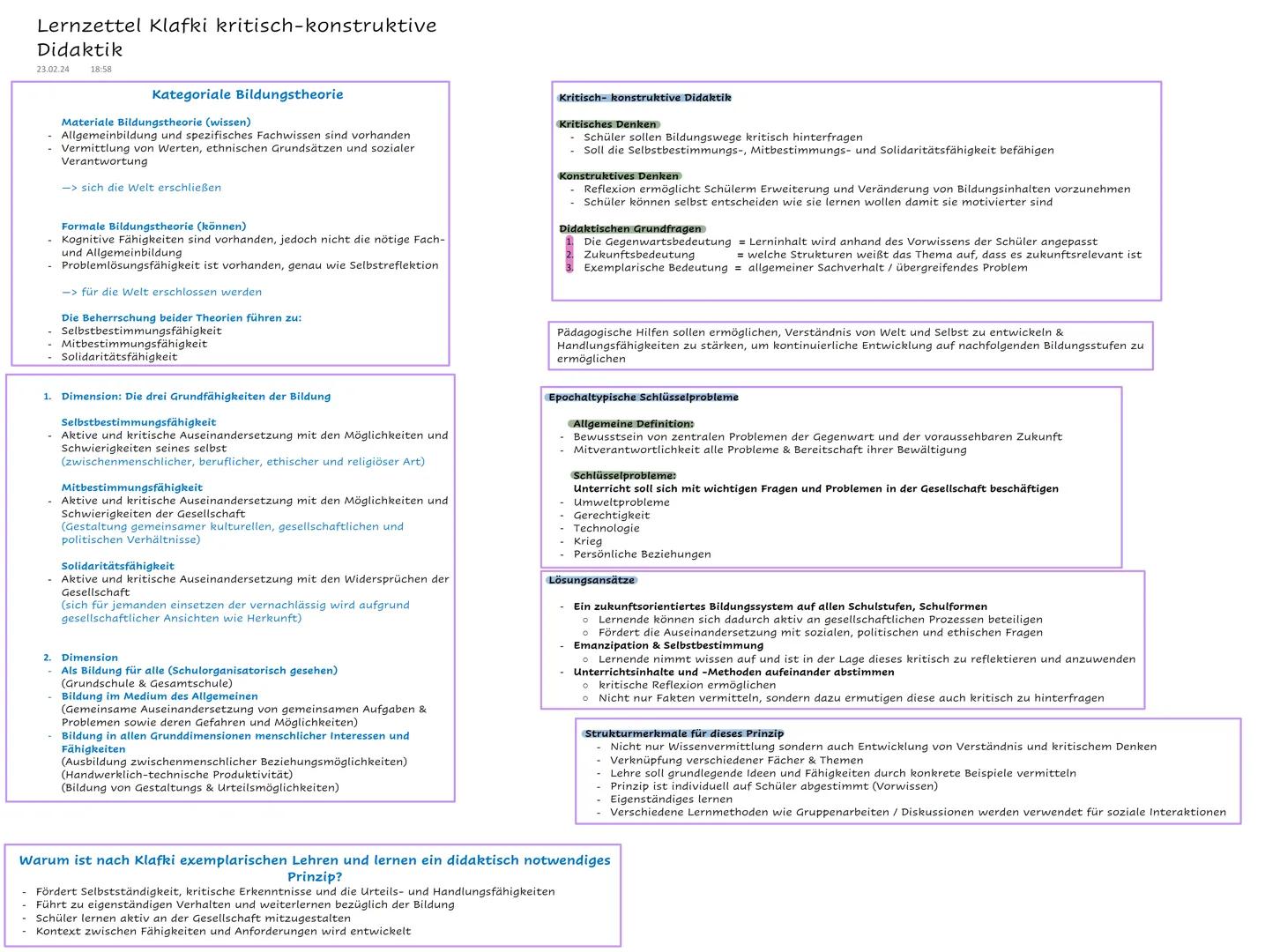 # Lernzettel Klafki kritisch-konstruktive
Didaktik
23.02.24 18:58
## Kategoriale Bildungstheorie
Materiale Bildungstheorie (wissen)
- Allg