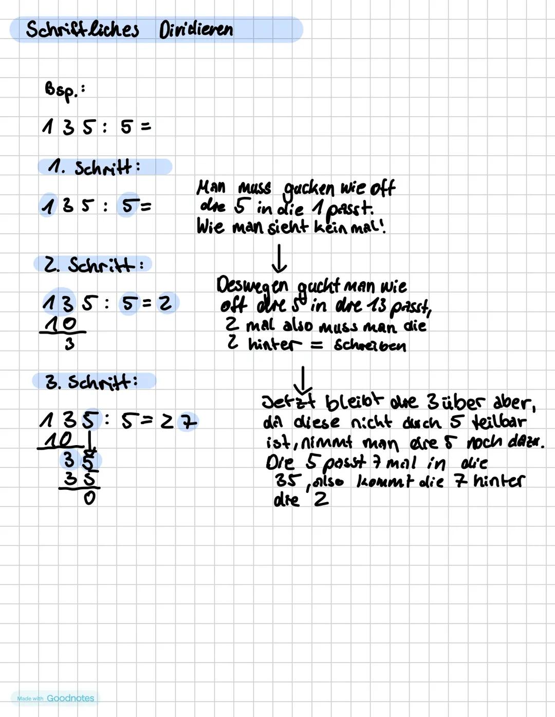 Schriftliches Dividieren
Bsp.:
135: 5 =
1. Schritt:
135:5=
2. Schritt:
135:5=2
10
3
3. Schritt:
135:5=27
101
35
35
Man muss gucken wie off
d