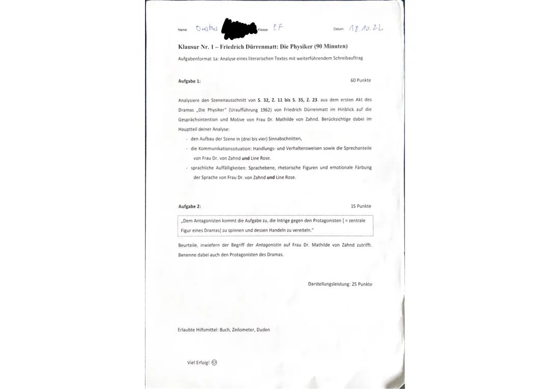 Deutsch EF Klausur - „Die Physiker“