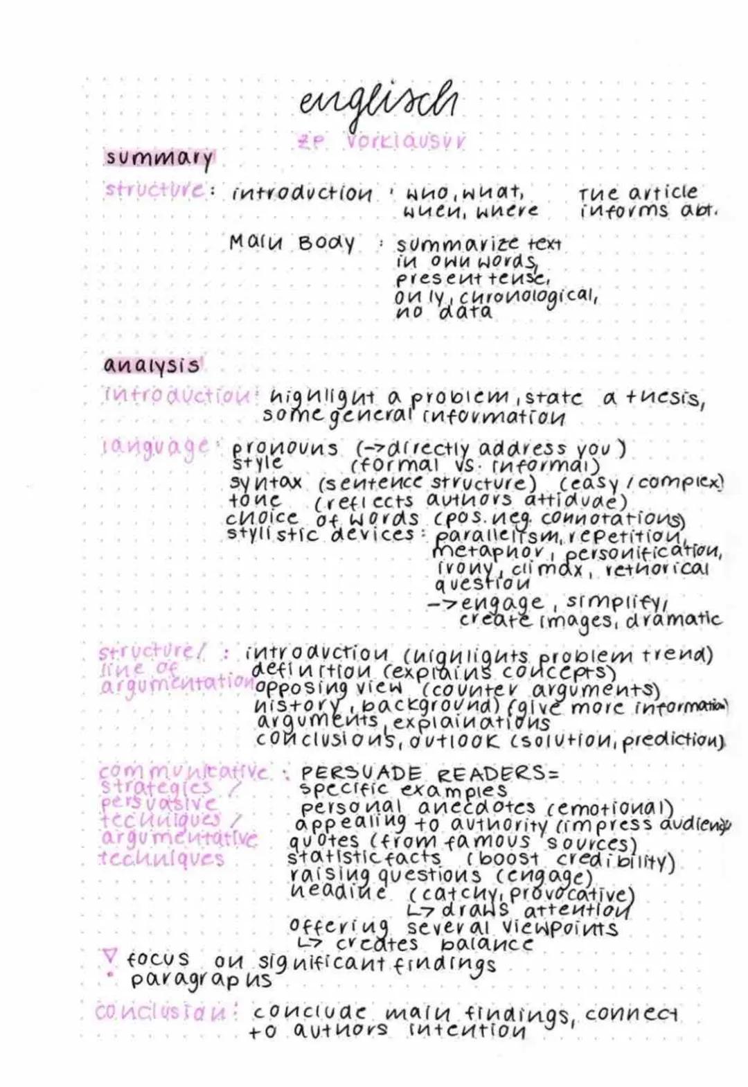 .
summary
englisch
Vorklausvv
structure: introduction
T A
•
4
Malu Body
who, what,
when, where
• summarize text.
in own words,
The article
i
