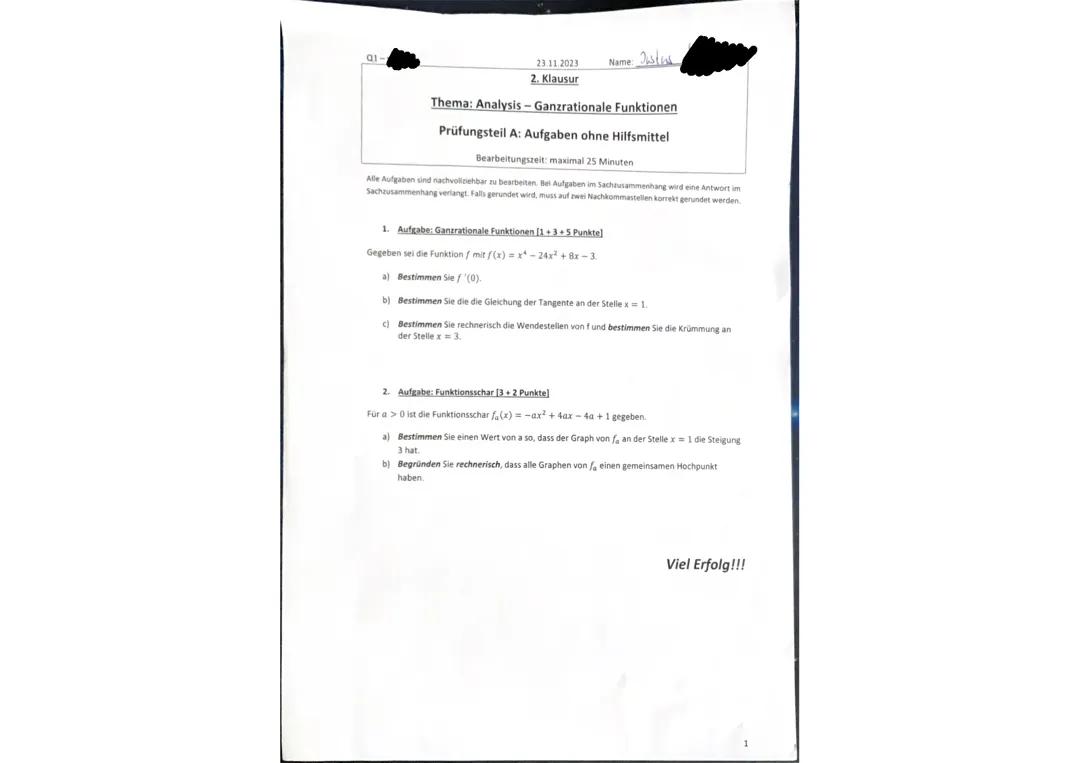 Mathe GK Klausur - Analysis Ganzrationale Funktionen