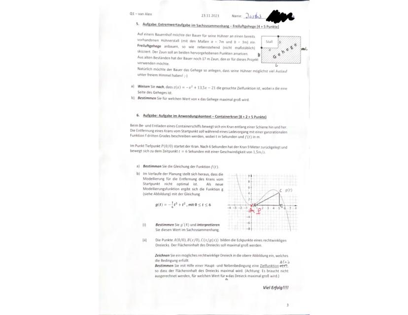 Q1-
23.11.2023
Name: Justus
2. Klausur
Thema: Analysis - Ganzrationale Funktionen
Prüfungsteil A: Aufgaben ohne Hilfsmittel
Bearbeitungszeit