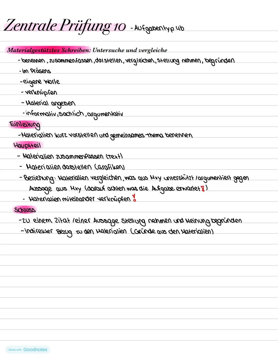 Zentrale Prüfung 10 - Aufgabentyp ub
Materialgestütztes Schreiben: Untersuche und vergleiche
- benennen, zusammenfassen, darstellen, verglei