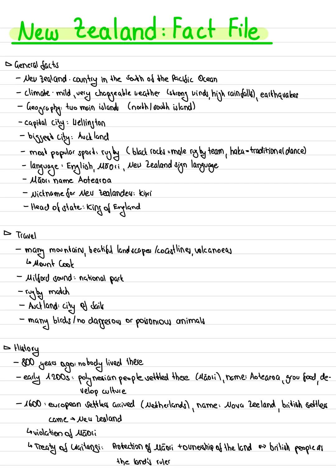 New Zealand: Fact File
General facts
- New Zealand. country in the south of the Pacific Ocean
-
-climate mild, very changeable weather (stro