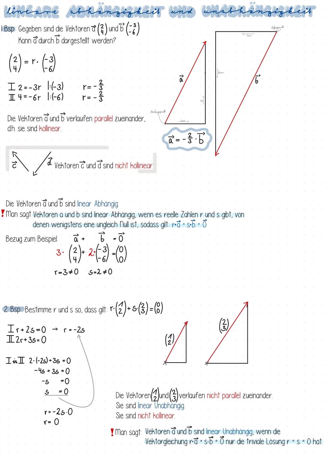 # lineare abhängigkeit und unabhängigkeit
1 Bsp: Gegeben sind die Vektoren $\binom{2}{4}$ und $\binom{-3}{-6}$
Kann $\vec{a}$ durch $\vec{b
