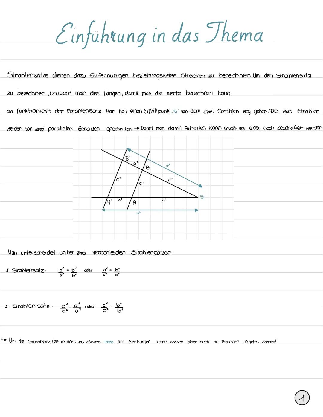 # Einführung in das Thema
Strahlensatze dienen dazu Entfernungen beziehungsweise Strecken zu berechnen. Um den Strahiensatz
zu berechnen br