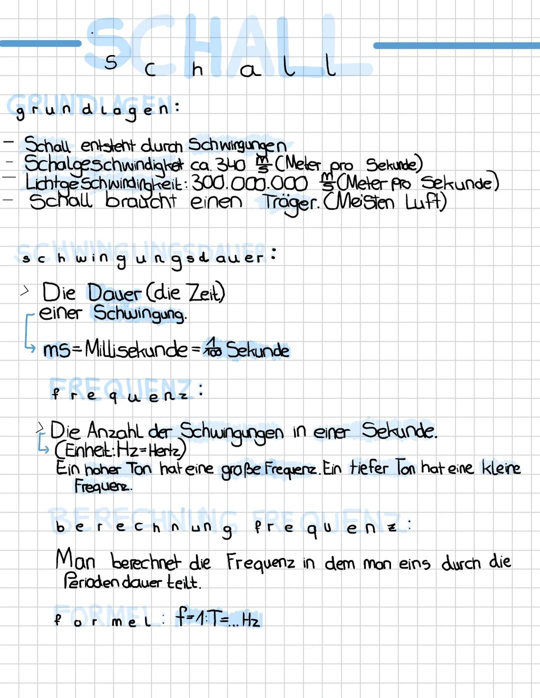 S
Ch
all
grundlagen:
Schall entsteht durch Schwingungen
Schalgeschwindigket ca. 340 (Meter pro Sekunde)
Lichtge Schwindigkeit: 300.000.000 (