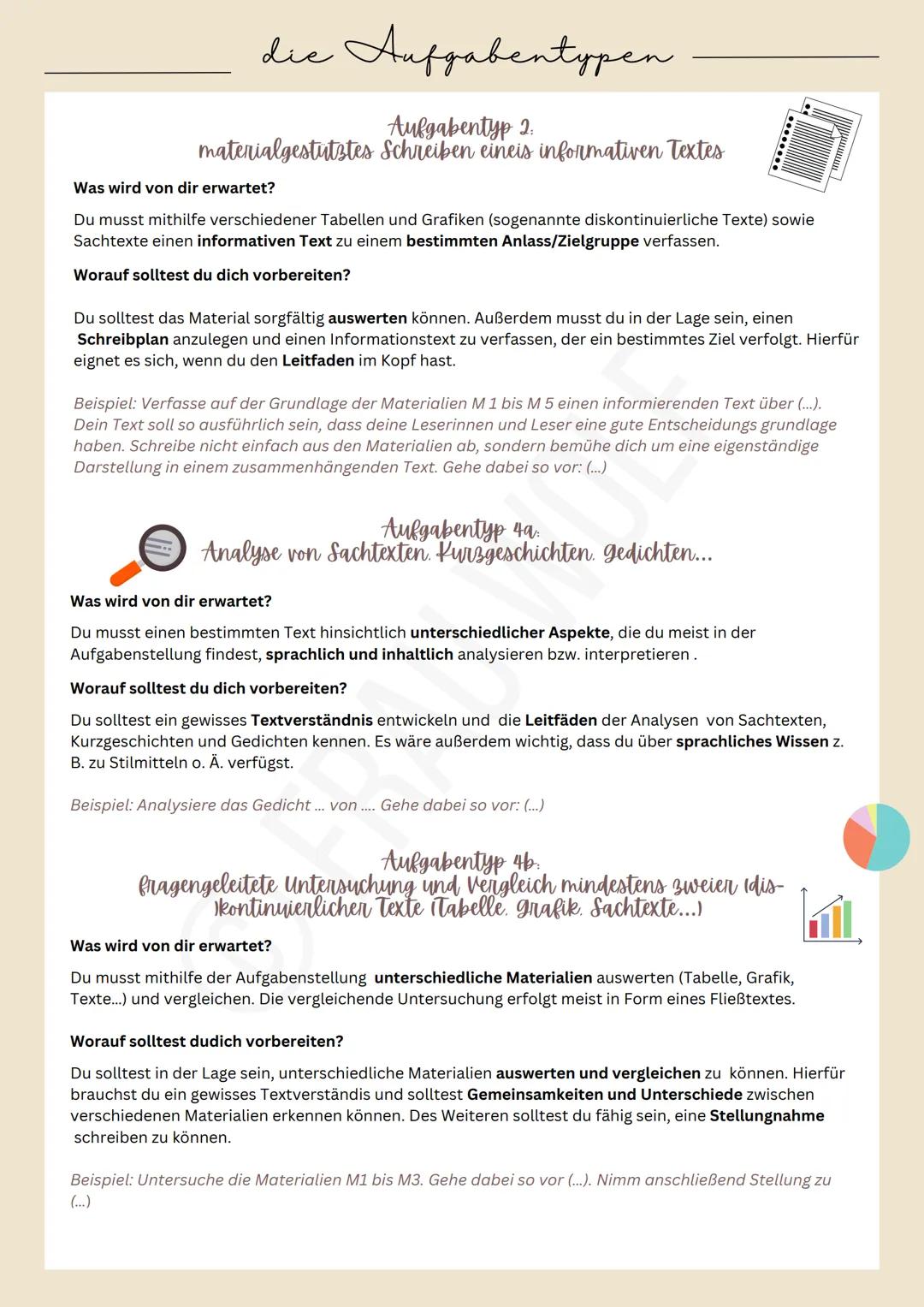 die Aufgabentypen
Aufgabentyp 2:
materialgestutztes Schreiben eineis informativen Textes
Was wird von dir erwartet?
Du musst mithilfe versch