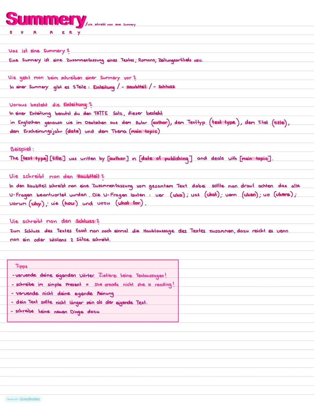 Summery
vie schreibt man eine Summery
SUMMERY
Was ist eine Summery?
Eine Summery ist eine Zusammenfassung eines Textes; Romans; Zeitungsarti