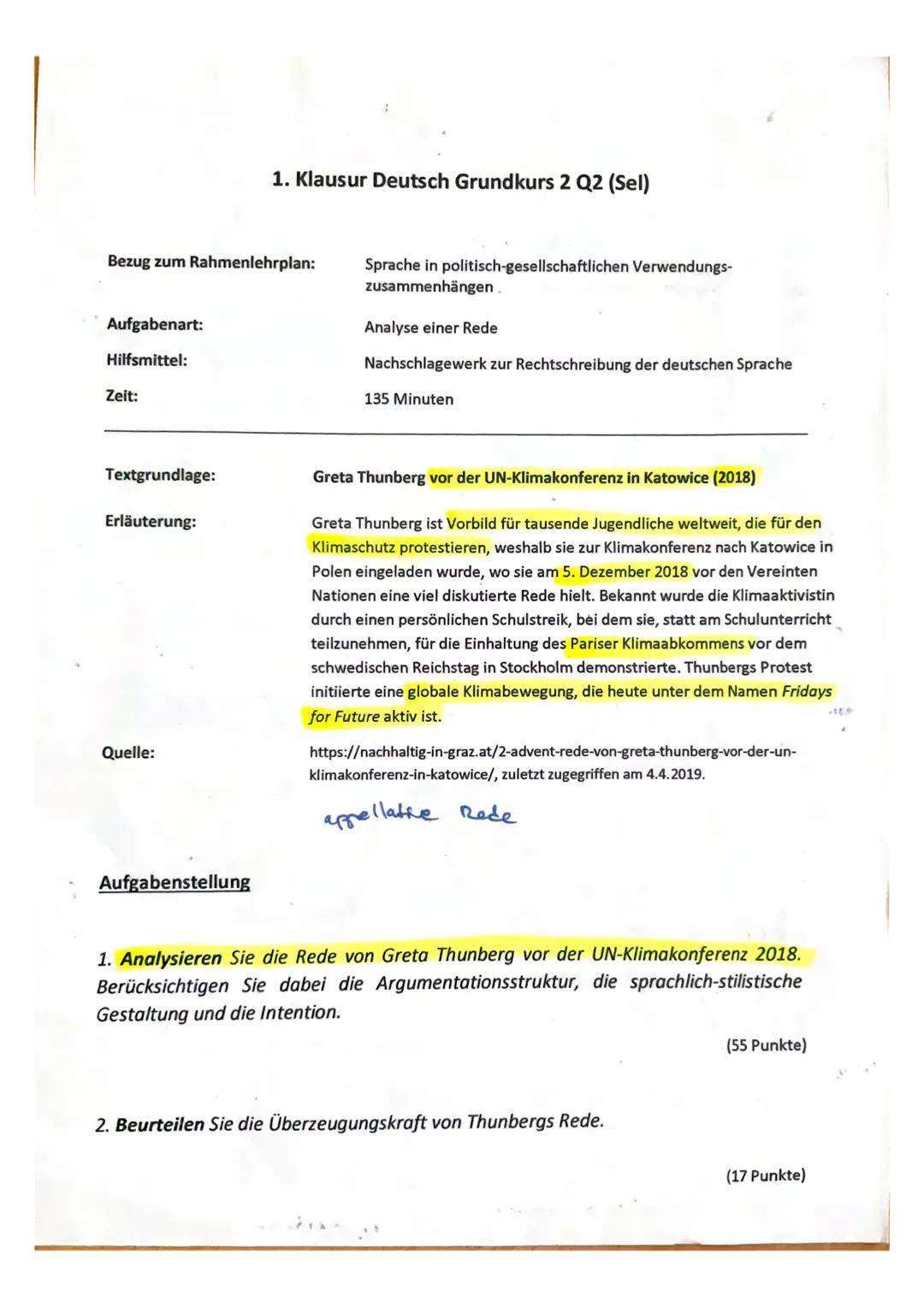 Klausur Redeanalyse Thunberg, 14 NP