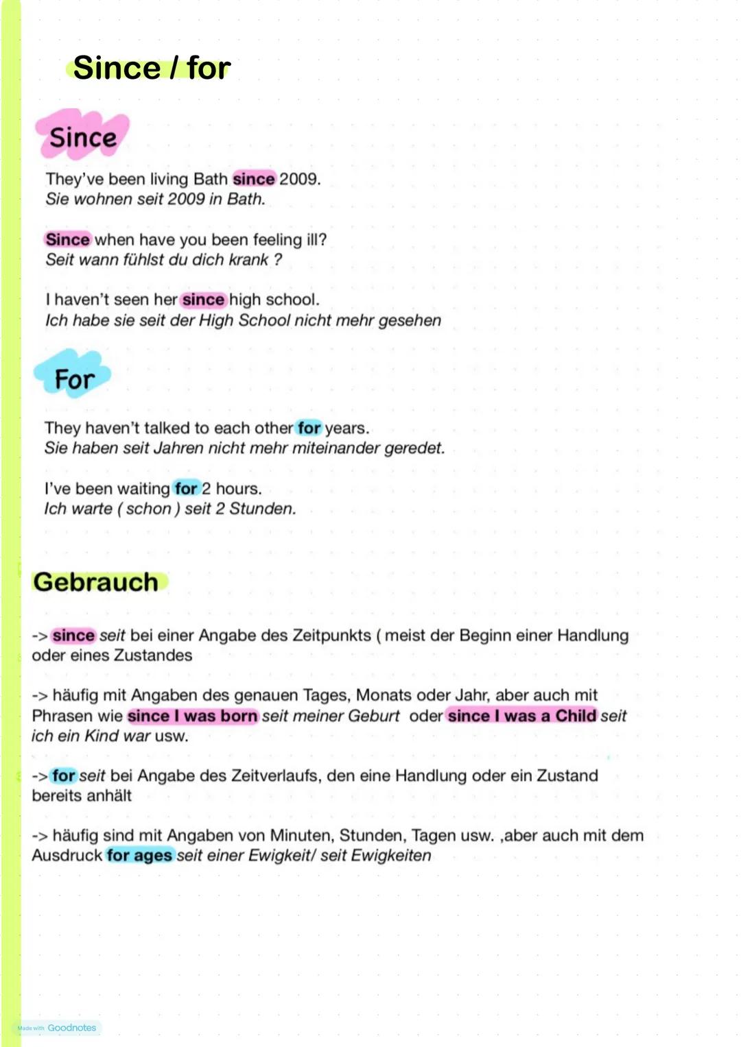 # Since / for
## Since
They've been living Bath since 2009.
Sie wohnen seit 2009 in Bath.
Since when have you been feeling ill?
Seit wann